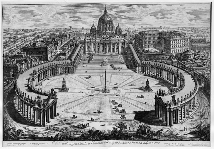 St. Peter's Basilica with the colonnades and St. Peter's Square (c. 1750), Giovanni Battista Piranesi. 