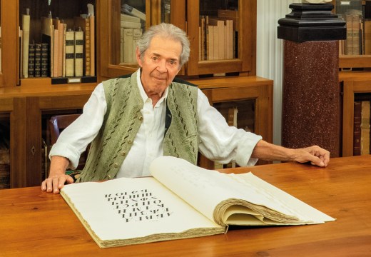 Franco Maria Ricci, photographed in the library of his home near the Labirinto della Masone in Fontanellato, near Parma, in July 2019.