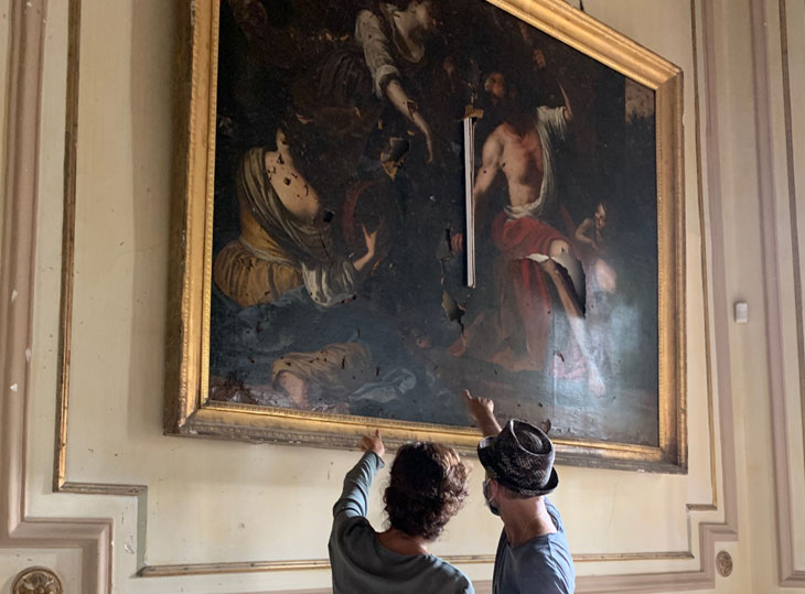 Audrey Azoulay, director-general of Unesco, and Gregory Buchakjian examining ‘Hercules and Omphale’ at the Sursock Palace in the aftermath of the 4 August blast. Photo: Georges Boustany