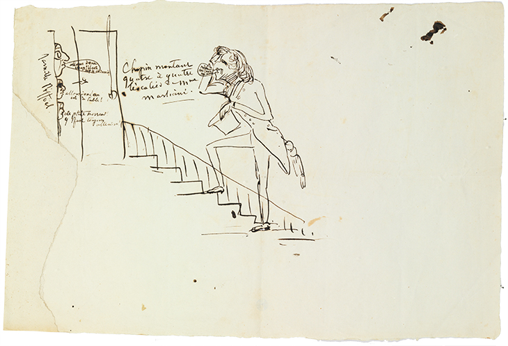 A sketch by George Sand, c. 1842–44, captioned 'Chopin montant quatre à quatre l’escalies [chez] Mme Marliani'