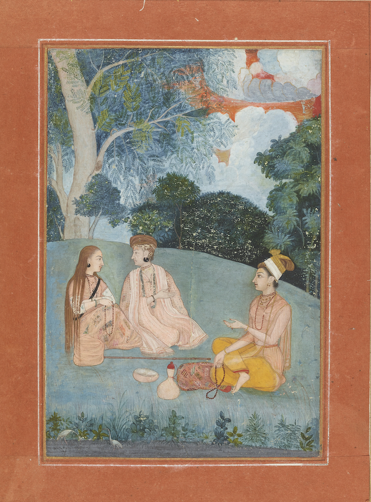 A woman visiting two Nath yoginis (c. 1750), Mughal, North India.