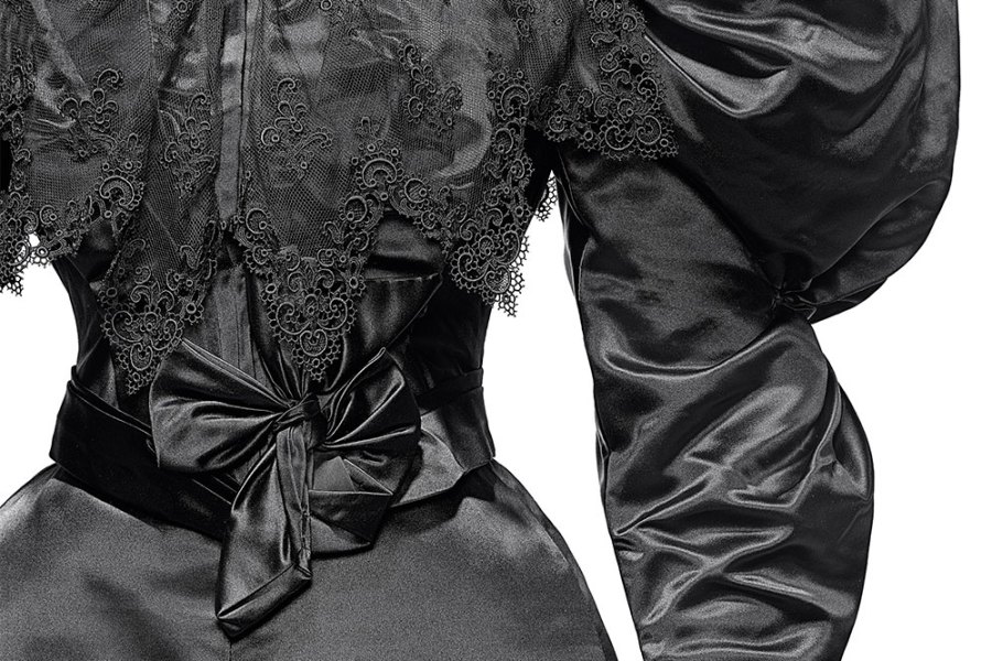 Detail of a satin dinner dress from c. 1895 by Mrs Arnold, a dressmaker in Brooklyn.
