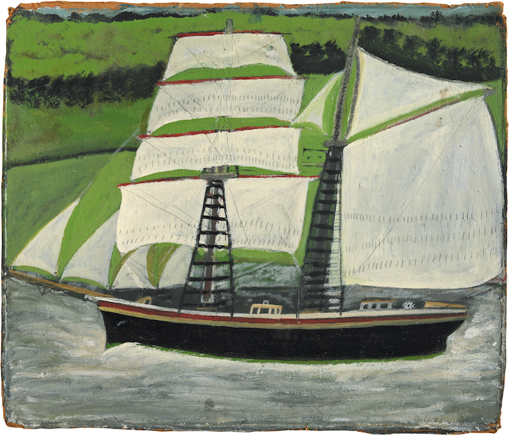 Brigantine sailing past green fields (n.d.), Alfred Wallis.