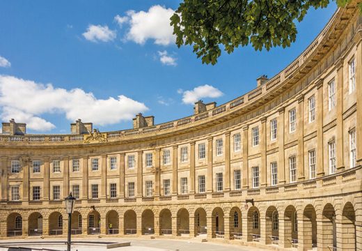 The refurbished exterior of Buxton Crescent, Derbyshire, designed by John Carr of York and built in the 1780s.