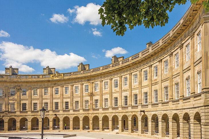 The refurbished exterior of Buxton Crescent, Derbyshire, designed by John Carr of York and built in the 1780s.