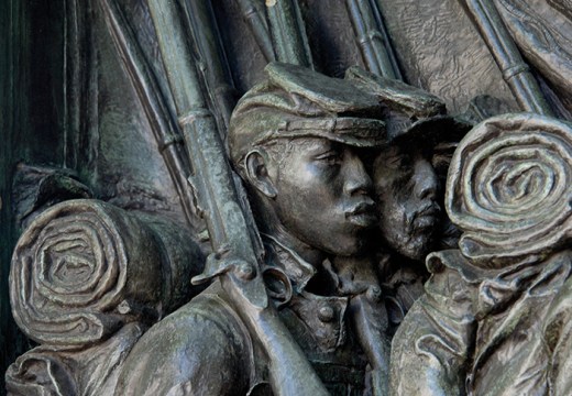 Detail of the Robert Gould Shaw Memorial (1897), Augustus Saint-Gaudens, showing Black soldiers of the 54th Massachusetts Regiment.