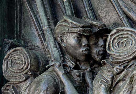 Detail of the Robert Gould Shaw Memorial (1897), Augustus Saint-Gaudens, showing Black soldiers of the 54th Massachusetts Regiment.