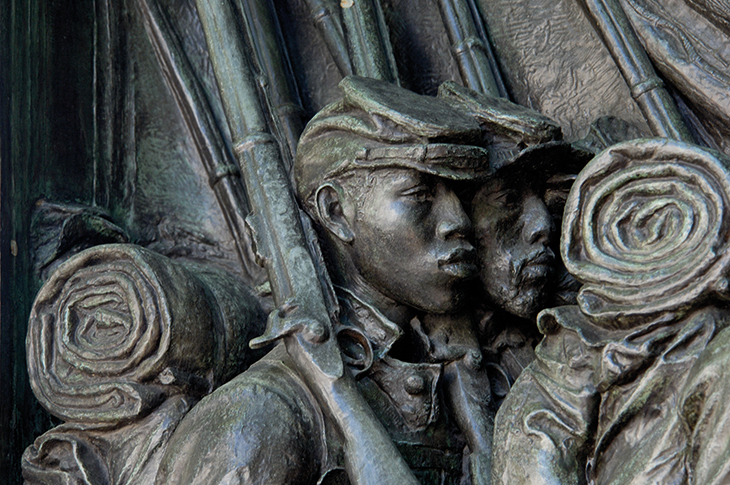 Detail of the Robert Gould Shaw Memorial (1897), Augustus Saint-Gaudens, showing Black soldiers of the 54th Massachusetts Regiment.