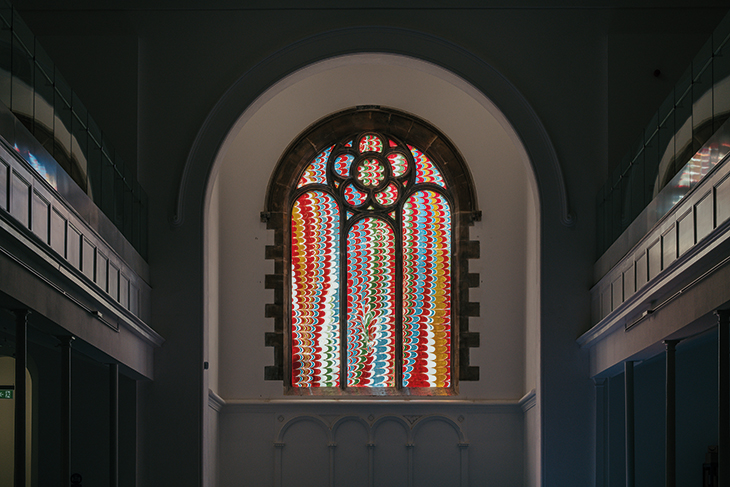 The fused glass window designed by Leonor Antunes and installed in St Luke’s Church, the Box, Plymouth.