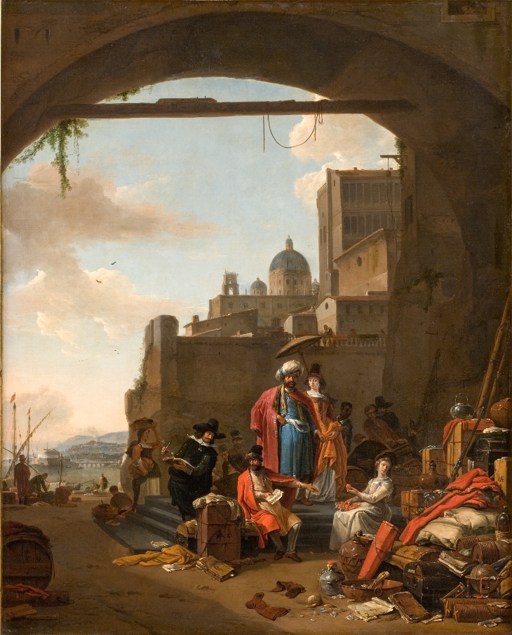 Merchants with goods in a Mediterranean port (1660s), Thomas Wijck.