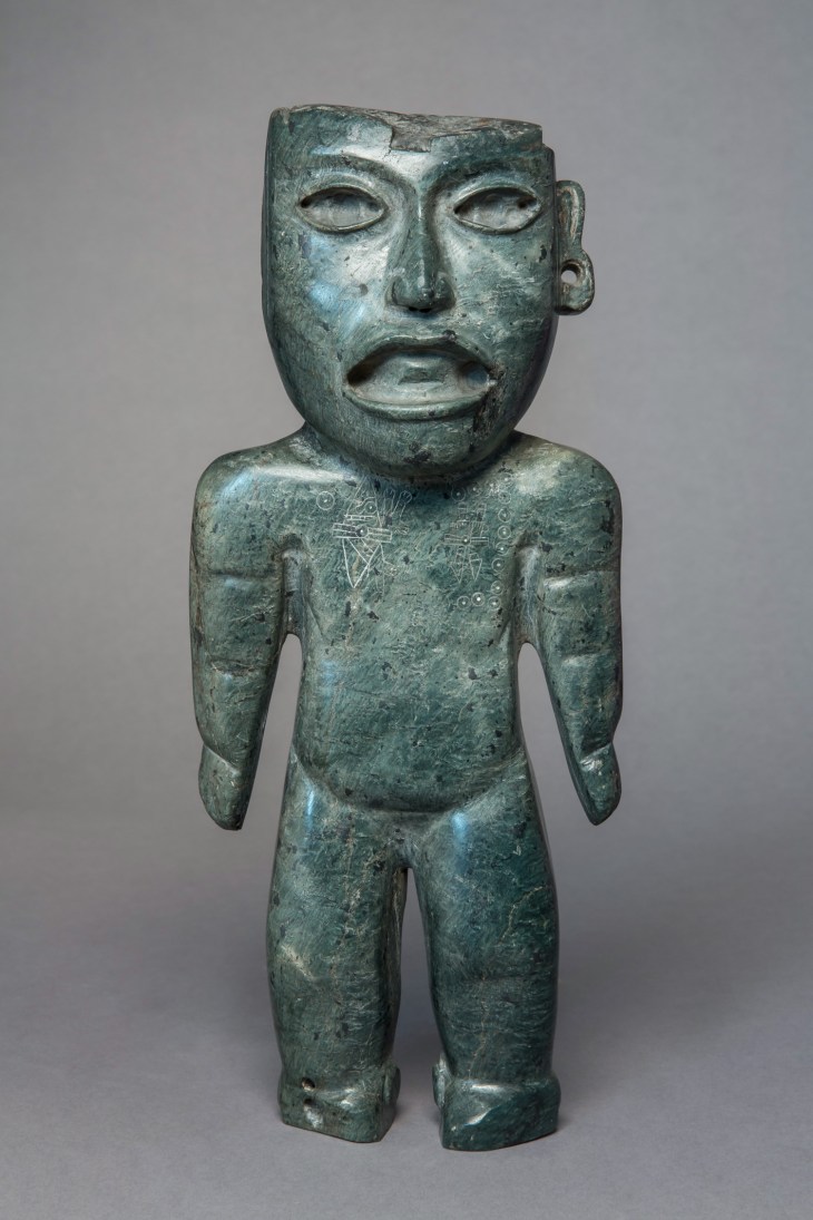 Greenstone figurine with calendar signs (250–750), Teotihuacan, reworked by Aztec artists, Mexico. 