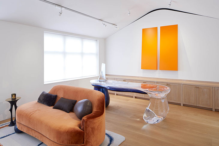 Installation view of Carmen Herrera’s Untitled Estructura (Orange) (2007/2016) at The Perimeter, London, 2020.