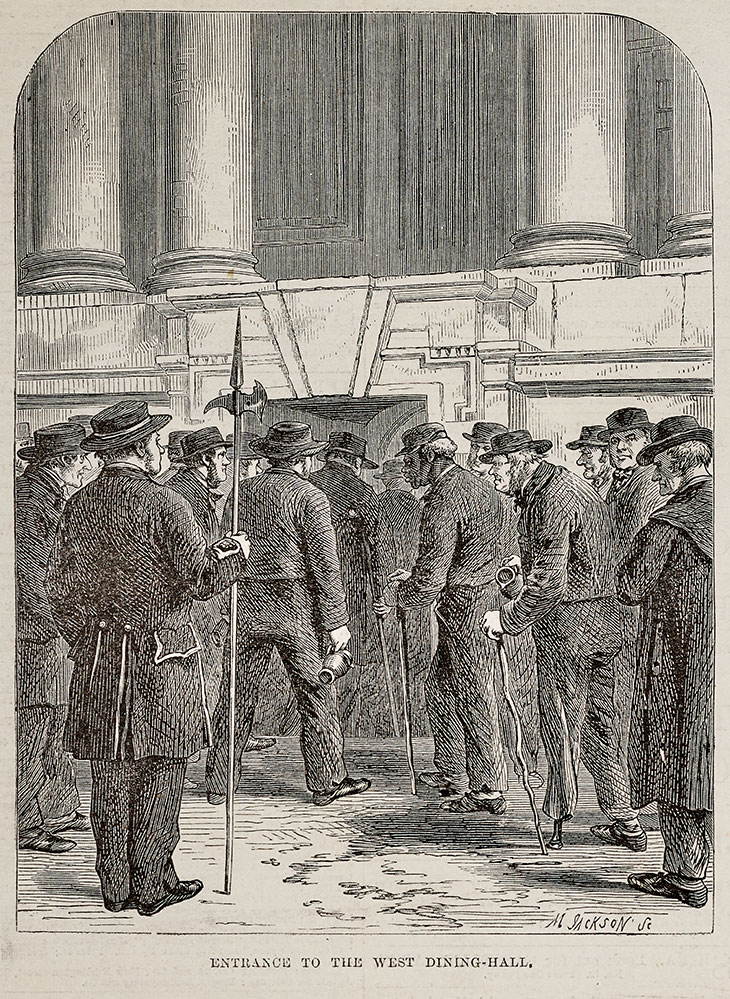 An image originally published on 25 March 1865 in the Illustrated London News, depicting pensioners entering the West Dining Hall in the Undercroft of the King William Building at Greenwich Hospital.