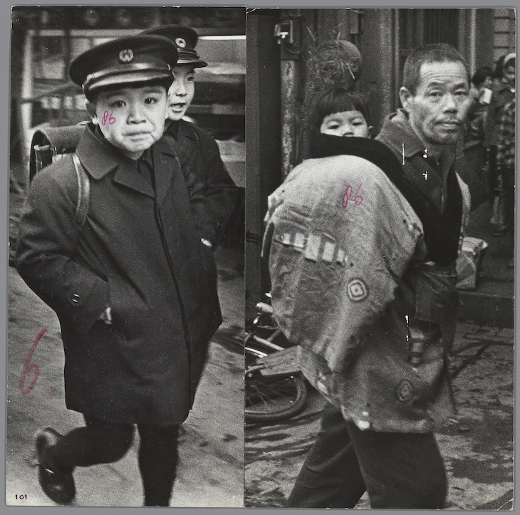 Two schoolboys and a man with a daughter on his back in Japan, from Sweet Life (1966), Ed van der Elsken.