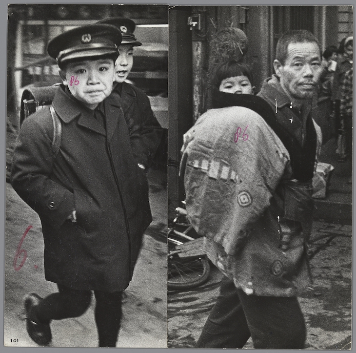 Two schoolboys and a man with a daughter on his back in Japan, from Sweet Life (1966), Ed van der Elsken.