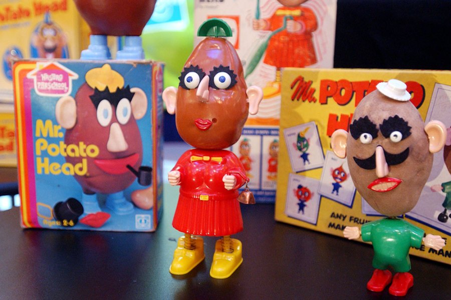 Classic Mr. Potato Heads displayed at a 50th birthday party for the popular childrens toy at Hasbros showroom in New York City on 5 February, 2002.