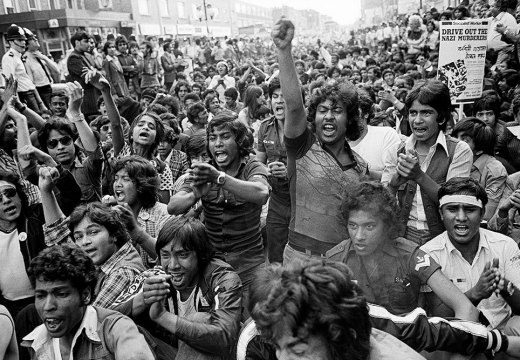 Anti-racism sit-down protest, Bethnal Green, London, 1978.