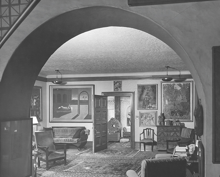Photograph of the south-west corner of the living room at 7065 Hillside Avenue by Fred R. Dapprich in c. 1944.