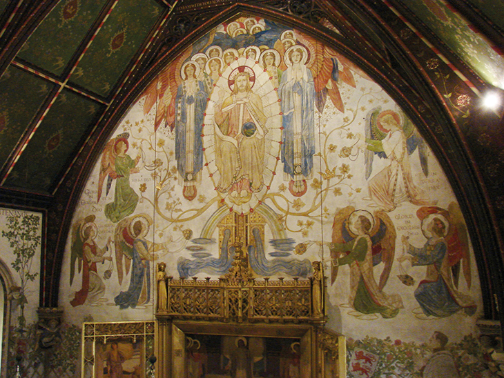 The east end of the chapel at Madresfield Court, Worcestershire, frescoed by Henry Payne and assistants from 1902–23