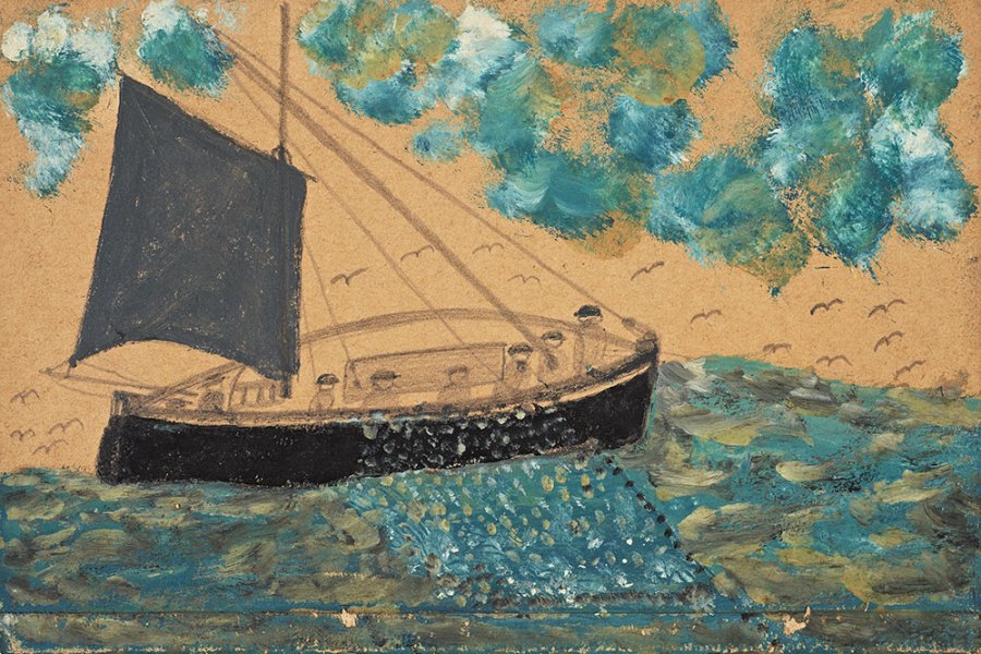 Ship with seven men, net and gull (n.d.), Alfred Wallis.