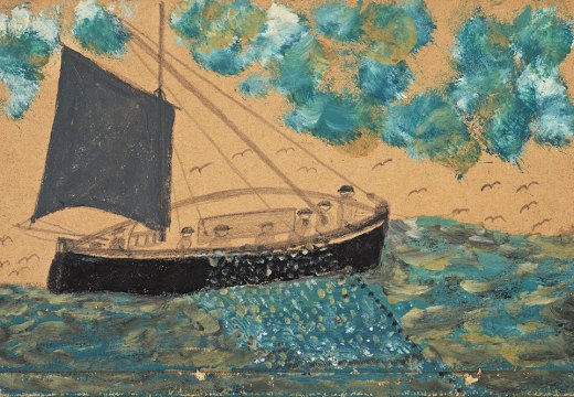 Ship with seven men, net and gull (n.d.), Alfred Wallis.