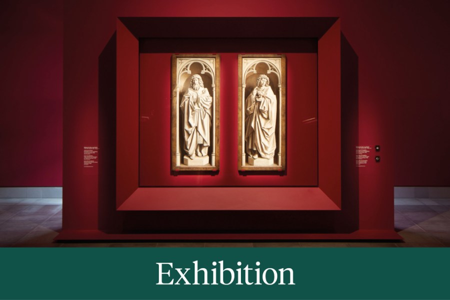 Installation view showing St John the Baptist and the Evangelist from the Ghent Altarpiece (1432) by Jan and Hubert van Eyck, MSK Ghent, 2020.