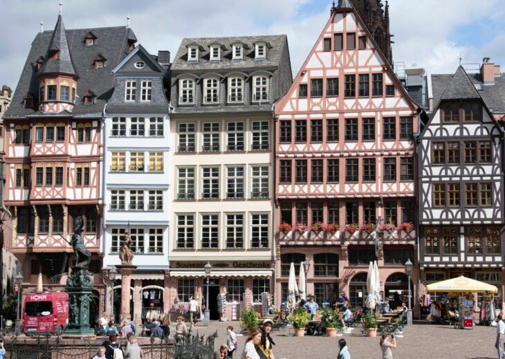 Row of half-timbered houses (‘Ostzeile’) on the eastern side of Römerberg Square, Frankfurt, reconstructed in the 1980s.