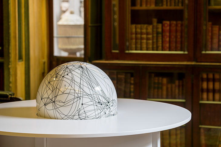 Globe Table (detail; 2020), Langlands & Bell. Installation view in the No. 13 Breakfast Room at Sir John Soane’s Museum, London, 2020.