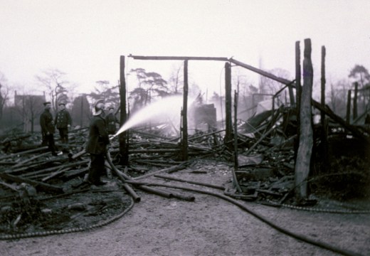 The Refreshment Pavilion at Kew Gardens after it was burned down by suffragettes in February 1913.