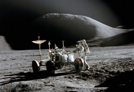 The Lunar Roving Vehicle and James B. Irwin on the surface of the Moon on 31 July 1971 during the Apollo 15 mission (photograph: David R. Scott)