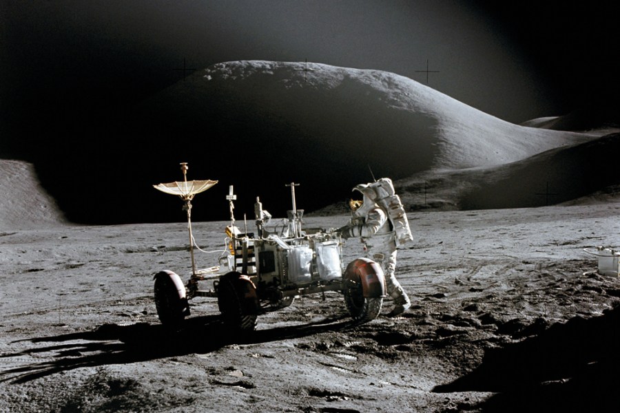 The Lunar Roving Vehicle and James B. Irwin on the surface of the Moon on 31 July 1971 during the Apollo 15 mission (photograph: David R. Scott)