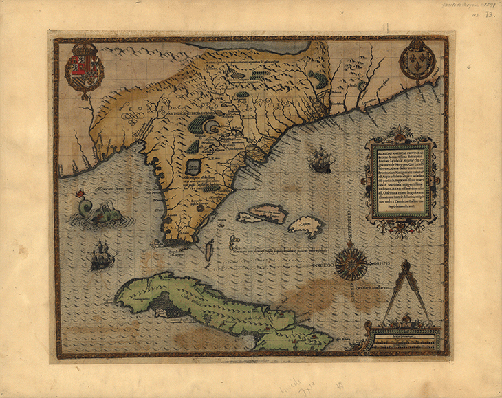 Jacques le Moyne de Morgues’ map of the Florida region (c. 1565), published in 1591 by Theodor de Bry.