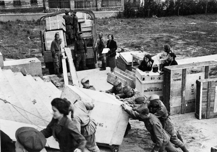 The unloading of paintings taken from the Dresden Gallery in 1945.
