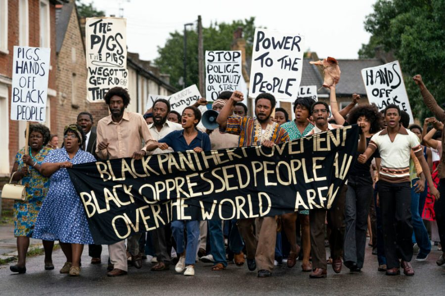 Shaun Parkes as Frank Crichlow, Altheia Jones as Letitia Wright, Malachi Kirby as Darcus Howe and Rochenda Sandall as Barbara Beese in Mangrove (dir. Steve McQueen).