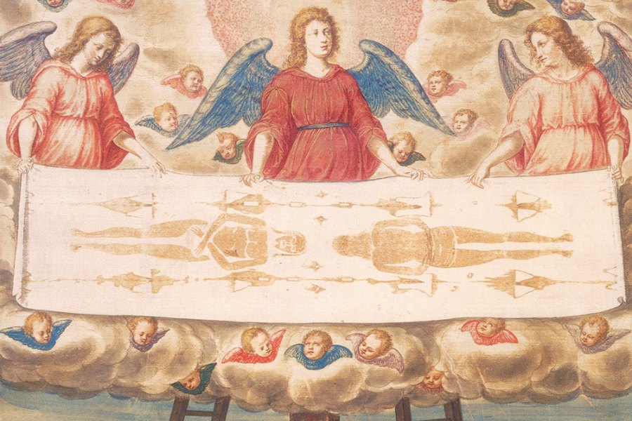 The Holy Shroud (detail; c. 1540), attrib. here to Giulio Clovio. Galleria Sabauda, Turin