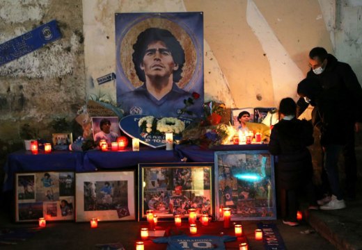 An altar to Diego Maradona set up in the Quartieri Spagnoli of Naples after the footballer’s death on 25 November 2020.