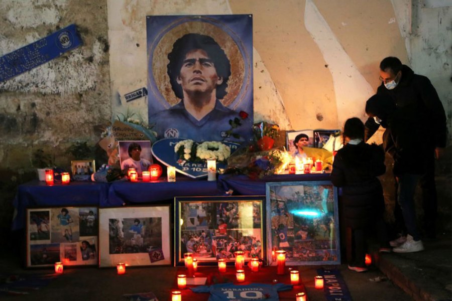 An altar to Diego Maradona set up in the Quartieri Spagnoli of Naples after the footballer’s death on 25 November 2020.