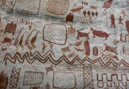 Rock art at the Cerro Azul hill in Serranía La Lindosa, in the Guaviare region of Colombia.