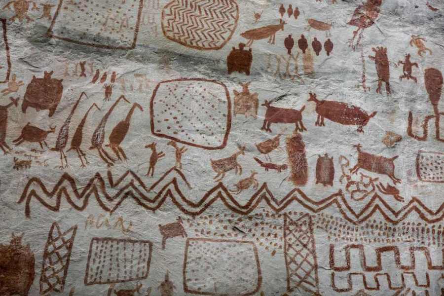 Rock art at the Cerro Azul hill in Serranía La Lindosa, in the Guaviare region of Colombia.