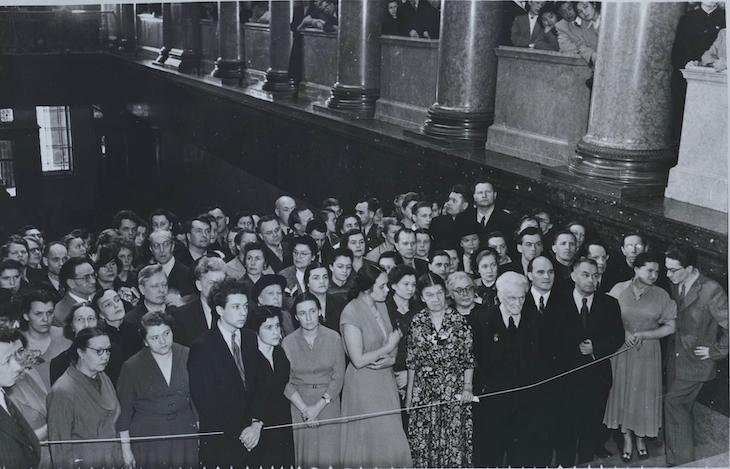Visitors in 1955 awaiting the opening of a landmark exhibition at the Pushkin Museum which displayed paintings from Dresden before their return to Germany