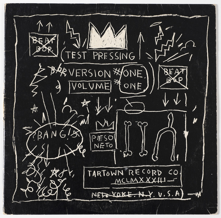 Front album cover of Beat Bop: Rammellzee Versus K-Rob (Tartown Record Co.; 1983), Jean-Michel Basquiat. 