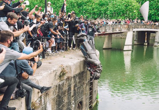 Bronze guilt: the statue of Edward Colston being pushed into Bristol Harbour in June 2020.