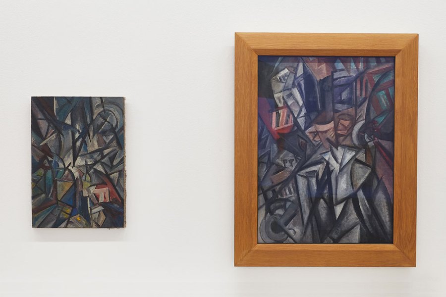 Installation view of 'Russian Avant-Garde at the Museum Ludwig: Original and Fake – Questions, Research, Explanations', with works by or previously attributed to Olga Rozanowa shown side by side.