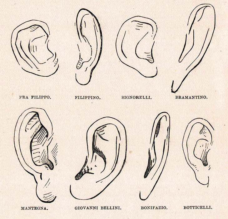 Illustration from Giovanni Morelli’s Italian Painters (1892), showing the author’s diagram of ears