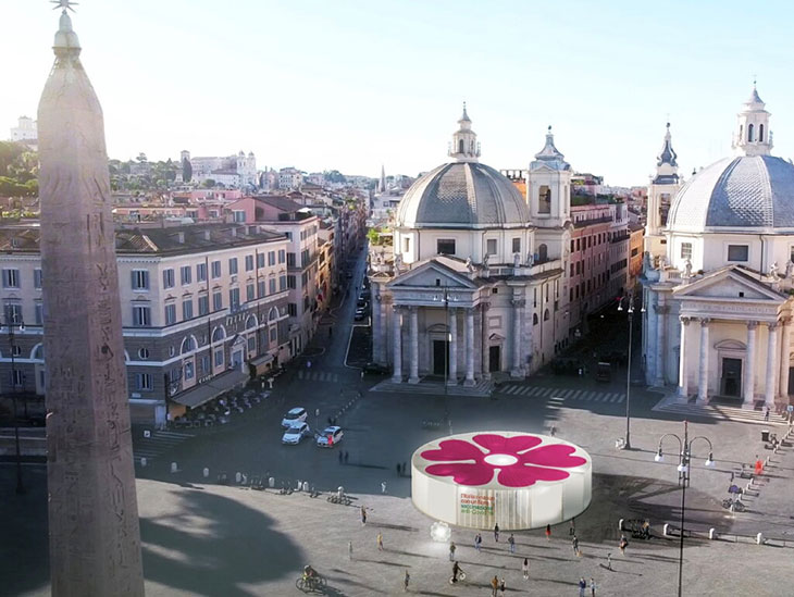 A digital rendering showing Stefano Boeri’s pavilion in Piazza del Popolo in Rome.