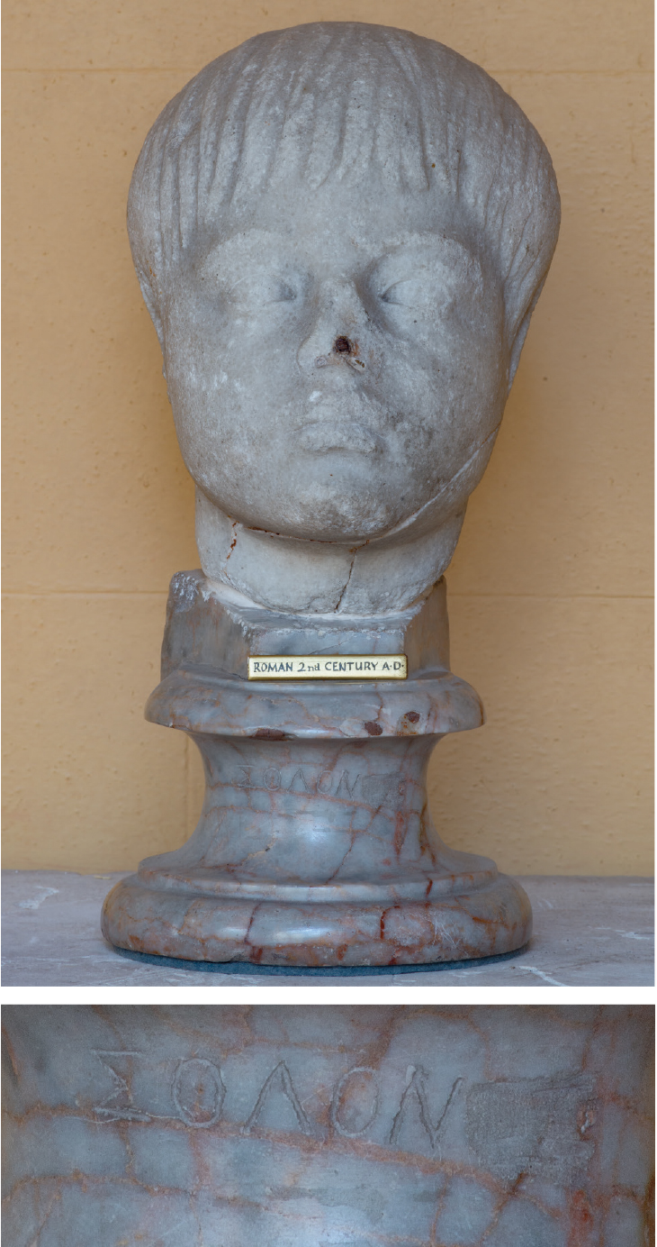 Top: Head of a boy (c. AD 100–120), Roman; Bottom: Detail of base inscribed with the name ‘Solon’. Wilton House, Wiltshire.