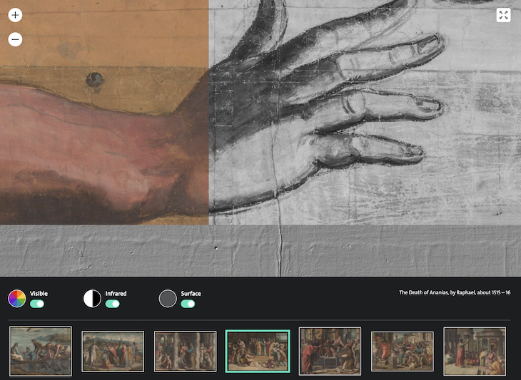 Screenshot of the V&A’s interactive website, showing colour, 3D and infrared detail of the The Death of Ananias.