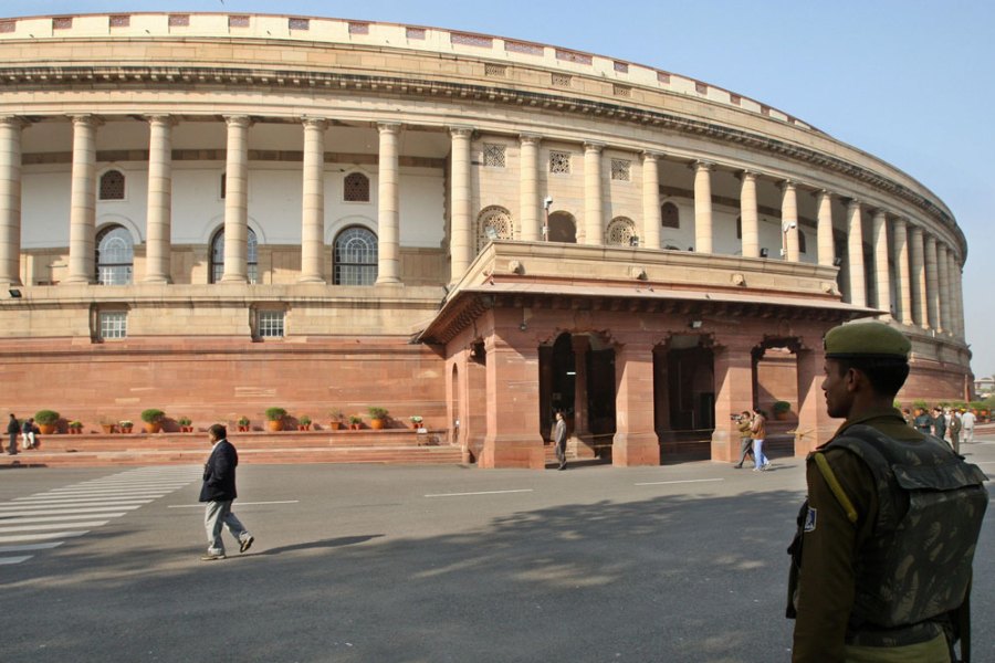 The Indian parliament building (Sansad Bhavan), designed by Edwin Lutyens and Herbert Baker in 1912–13, in New Delhi.