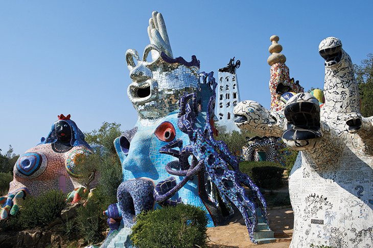 From left to right: The Empress, The High Priestess, The Magician, The Falling Tower, The Emperor and The Tree of Life (left to right) at the Tarot Garden in Garavicchio.