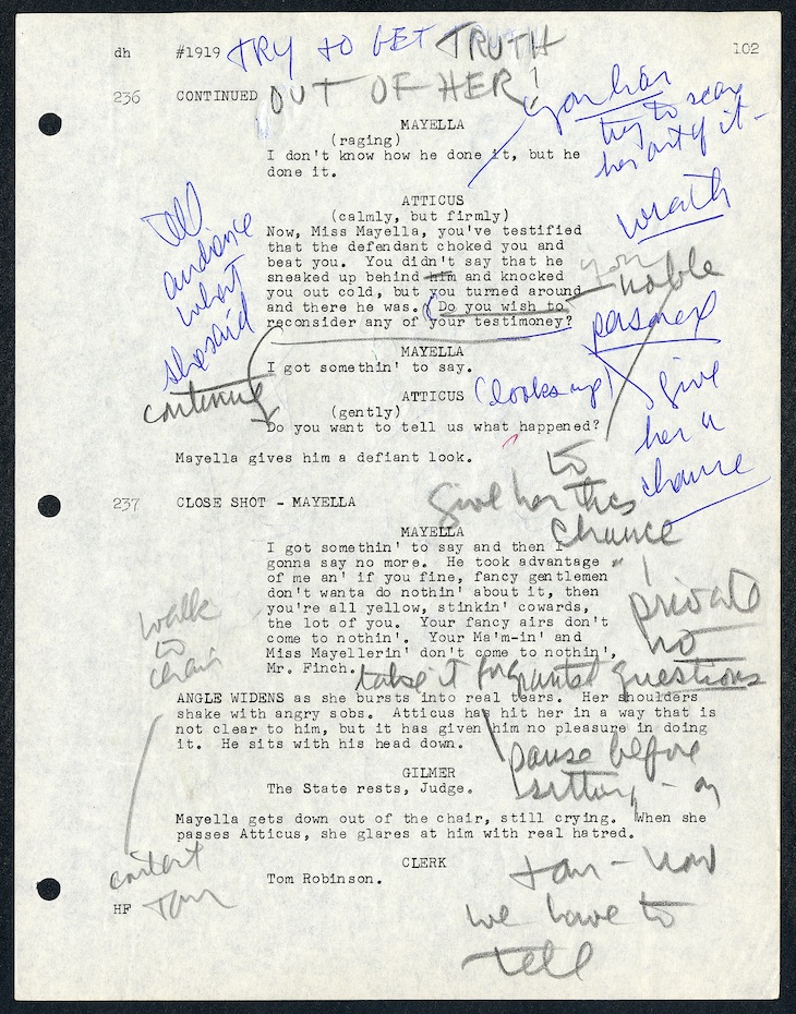 Page from the script for To Kill a Mockingbird (1962), annotated by Gregory Peck. 